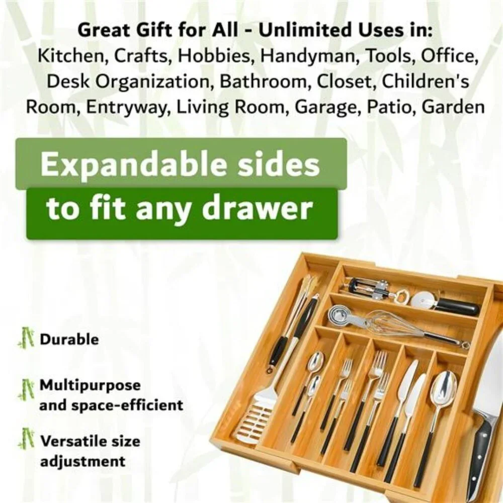 Expandable bamboo silverware drawer organizer utensil tray wood cutlery holder